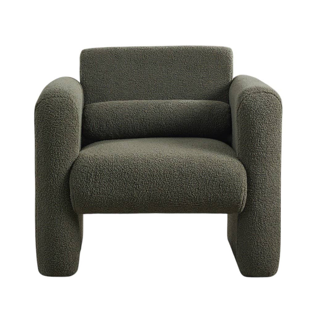 HomeRoots - Vente Chaises - Fauteuil rembourré en bouclé vert olive de 31" avec coussin décoratif0