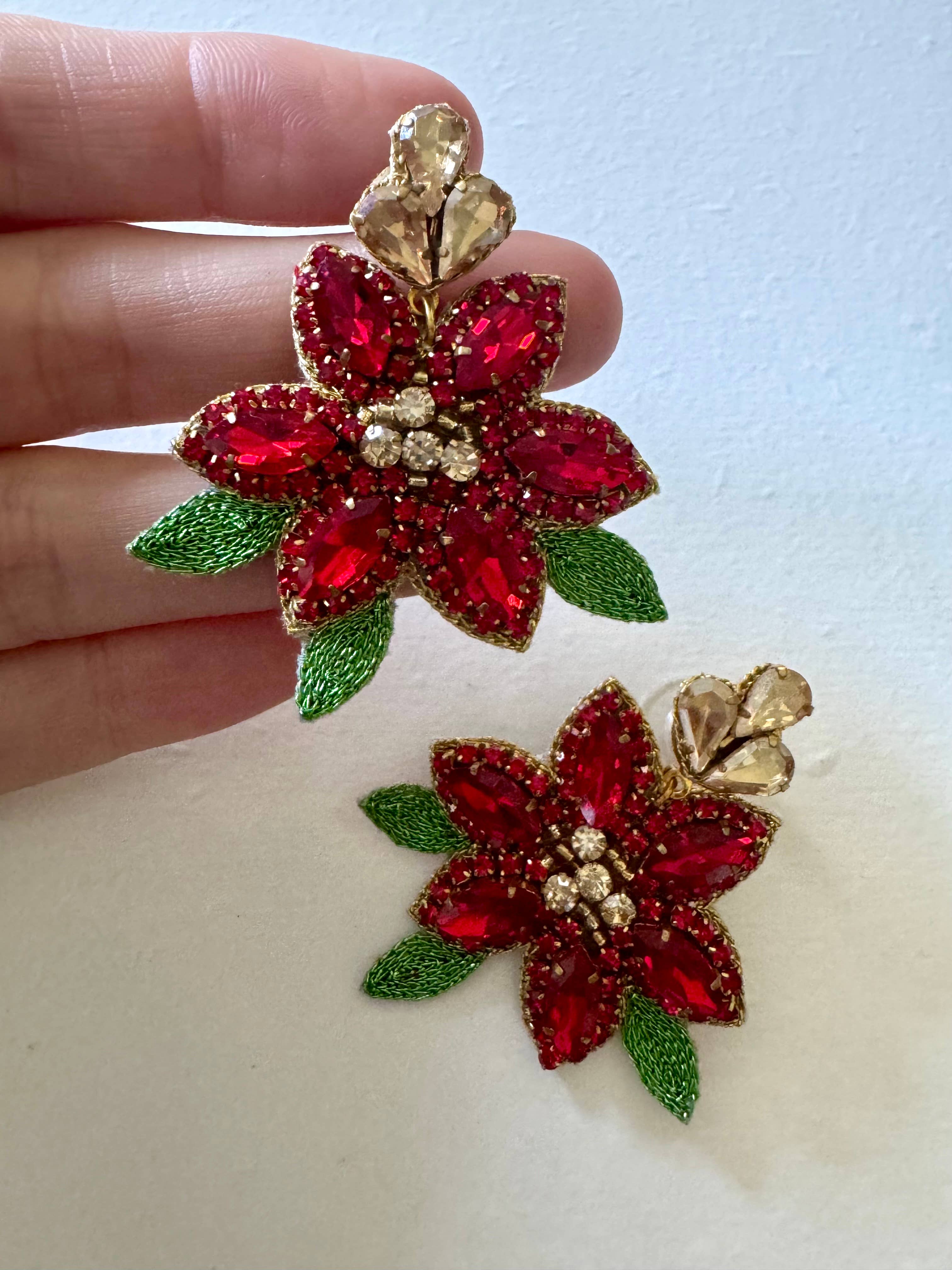 Louie Love - Wholesale Dangle Earrings - Beaded Rhinestone Poinsettia Christmas Flower Earrings4