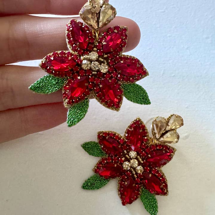 Louie Love - Wholesale Dangle Earrings - Beaded Rhinestone Poinsettia Christmas Flower Earrings4