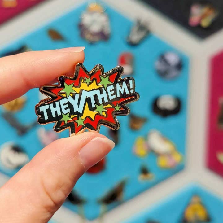 They/Them pronouns hard enamel pin for wholesale by Cunning Linguist Co.