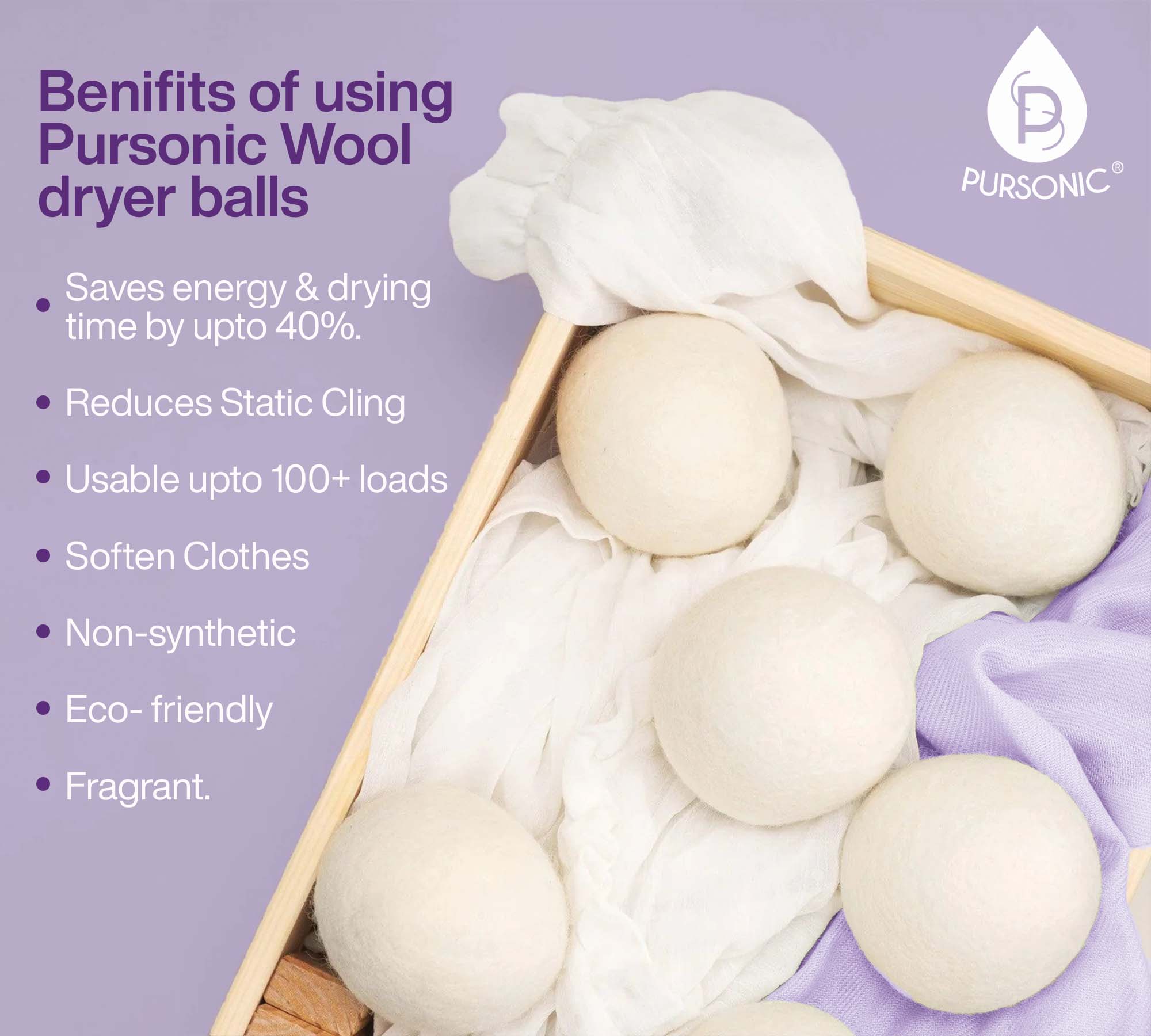 Pursonic – wholesale Dryer balls – Wool Dryer Balls Bundle, Includes Lavender & Peppermint Oils2