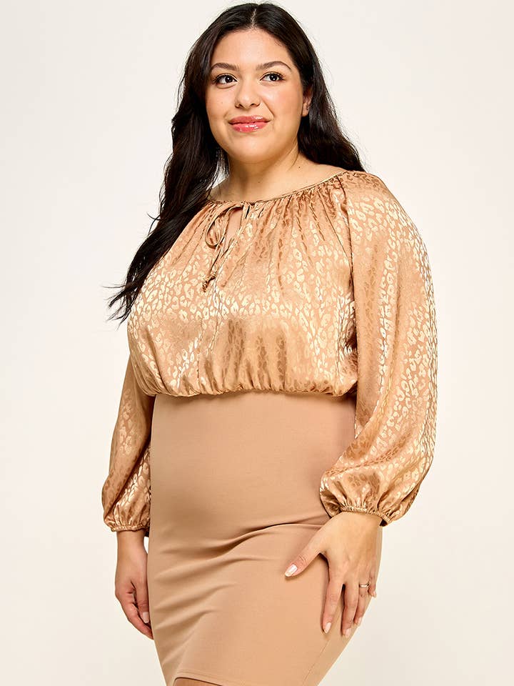 Plus Size Satin Animal Print Bodycon Dress NK18323-D for wholesale by Haute Fox Plus Size & Contemporary