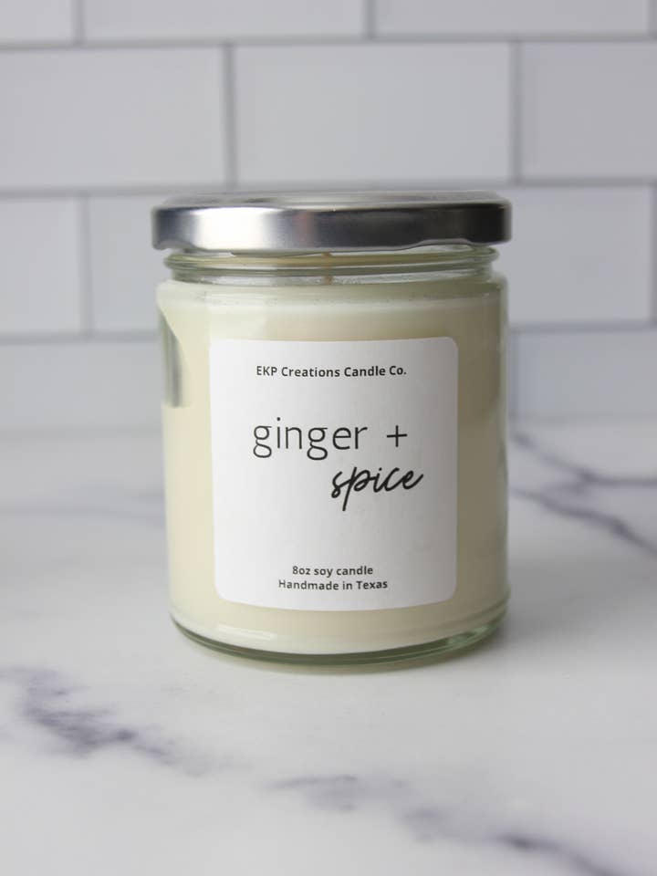 Ginger + Spice: 8oz Clear Jar Soy Candle for wholesale by EKP Creations Candle Co
