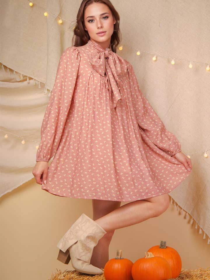 Vestido Mini Estampado com Gola Alta e Laço Frontal ND31843 por atacado de VERY J