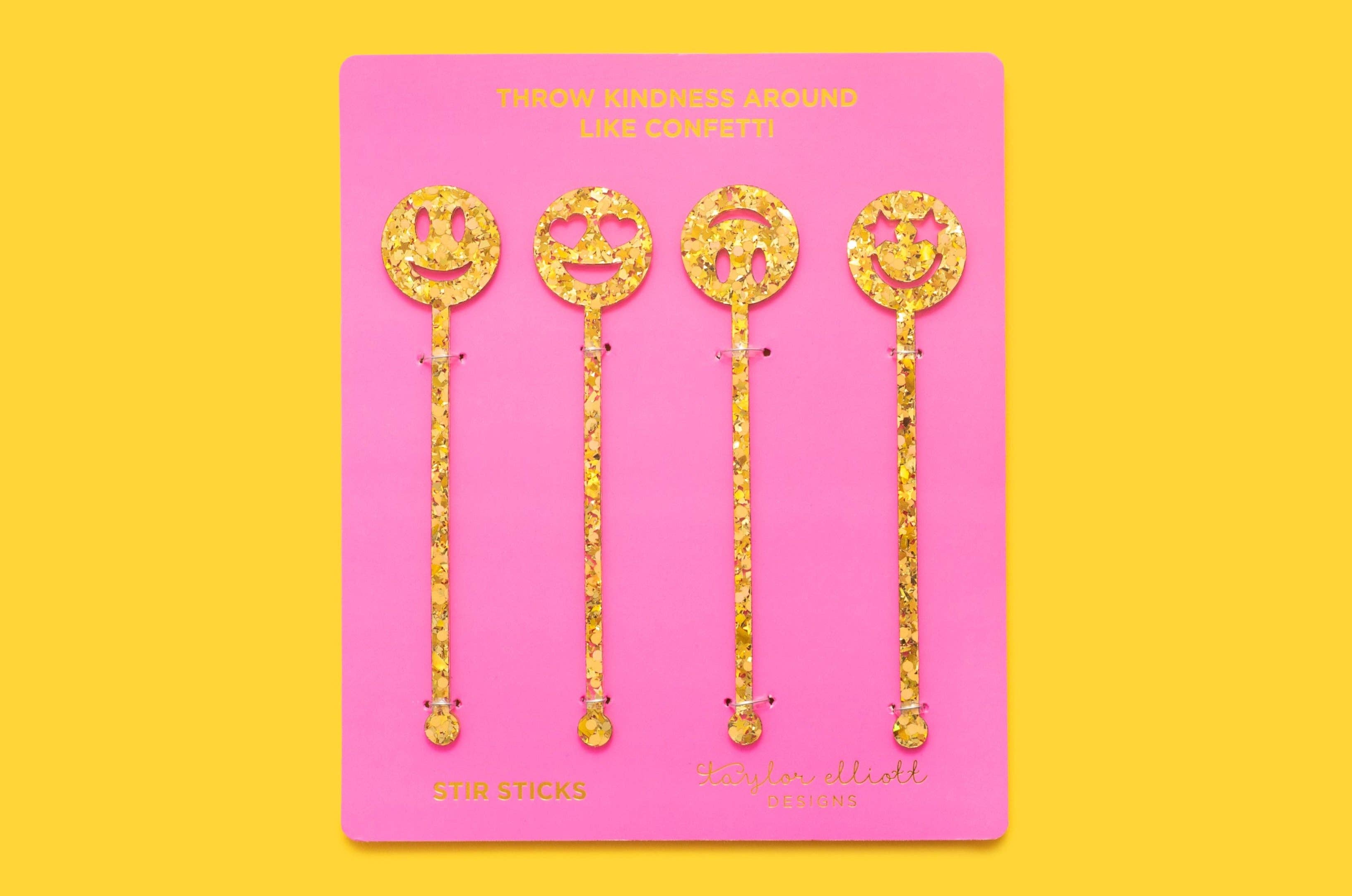 Taylor Elliott Designs - Wholesale Drink Stirrer - *ON SALE* Stir Stick Set - Smiley - Gold Confetti - 4 Pc Set