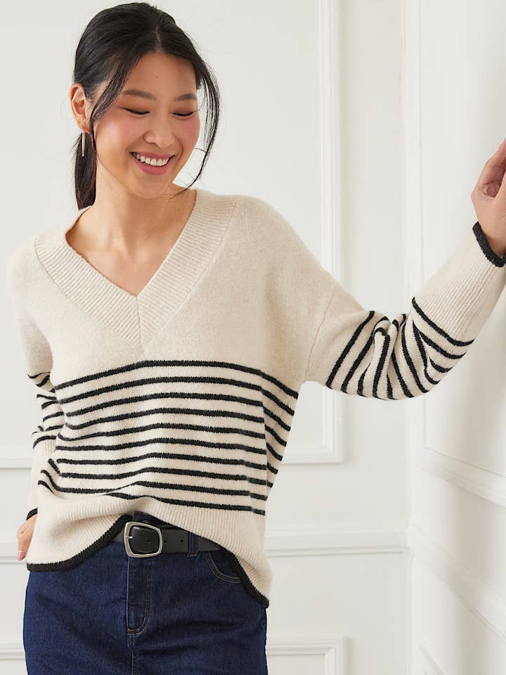 Ecru With Black Stripe V-Neck Sweater for wholesale on Faire6
