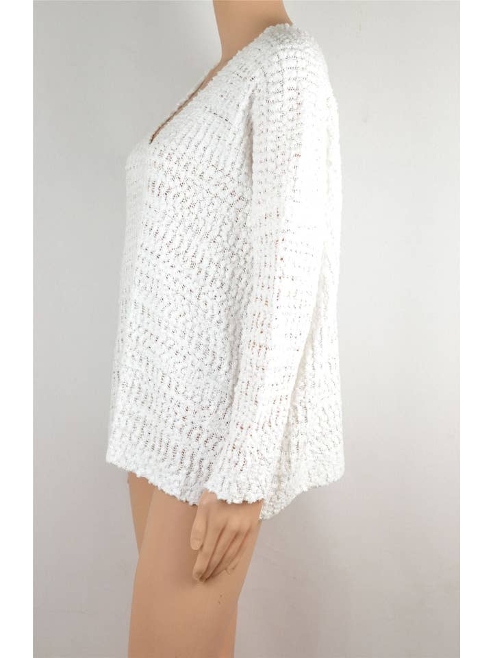 White Sweetkama Ladies Solid Long Sleeves V-Neck Hollow Out Top for wholesale on Faire3