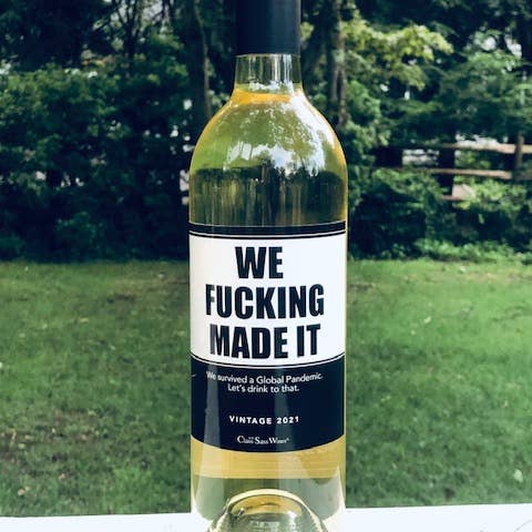 "We Fucking Made It". Funny Wine Labels! for wholesale by Class With Sass Party Decor