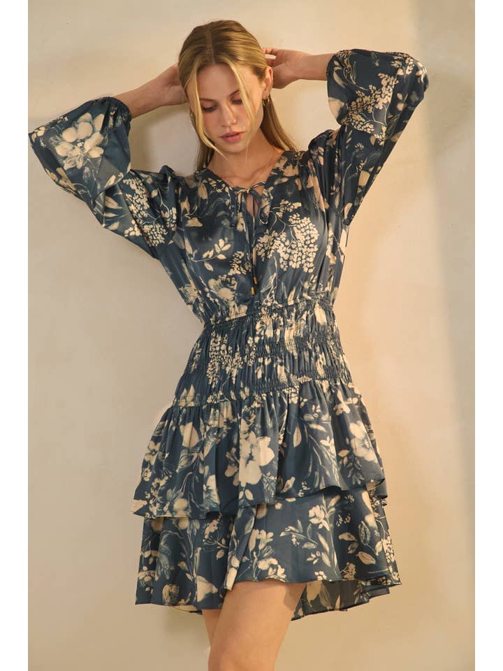 Azure Blue Combo Floral Printed Peplum Dress for wholesale on Faire1