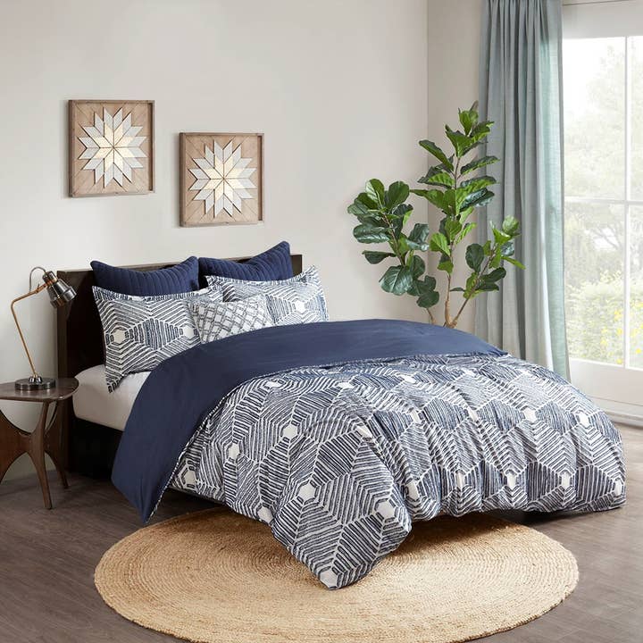 Geo Clipped 3-Piece Comforter or Duvet Cover Set, Navy Blue for wholesale by Olliix
