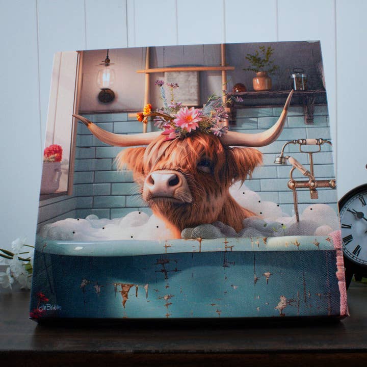 Glow Decor - Wholesale Art Print - Highland Cow Bath 10x10 Lighted Fiber Optic Canvas1