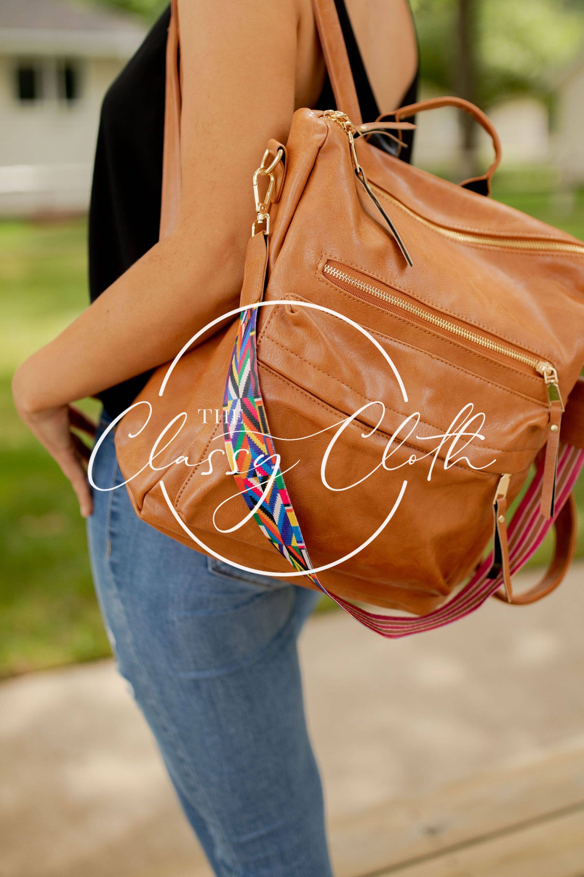 The Classy Cloth WS - Wholesale Backpack - Women's - Chloe Convertible Backpack - Tan - Aqua Brown Boho RTS1