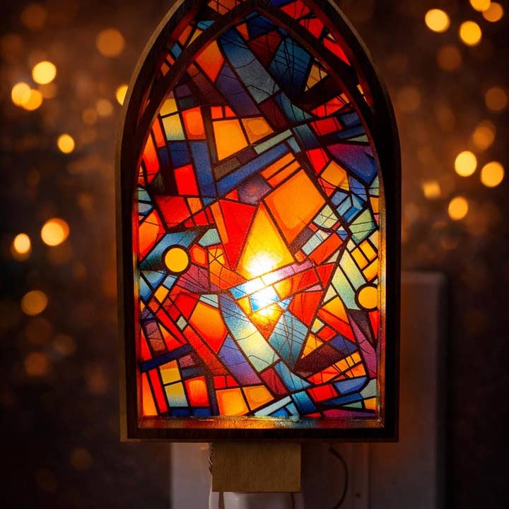 Abstract Cathedral Night Light, Geometric Stained Glass, Wooden Silhouette for wholesale by Form Hous