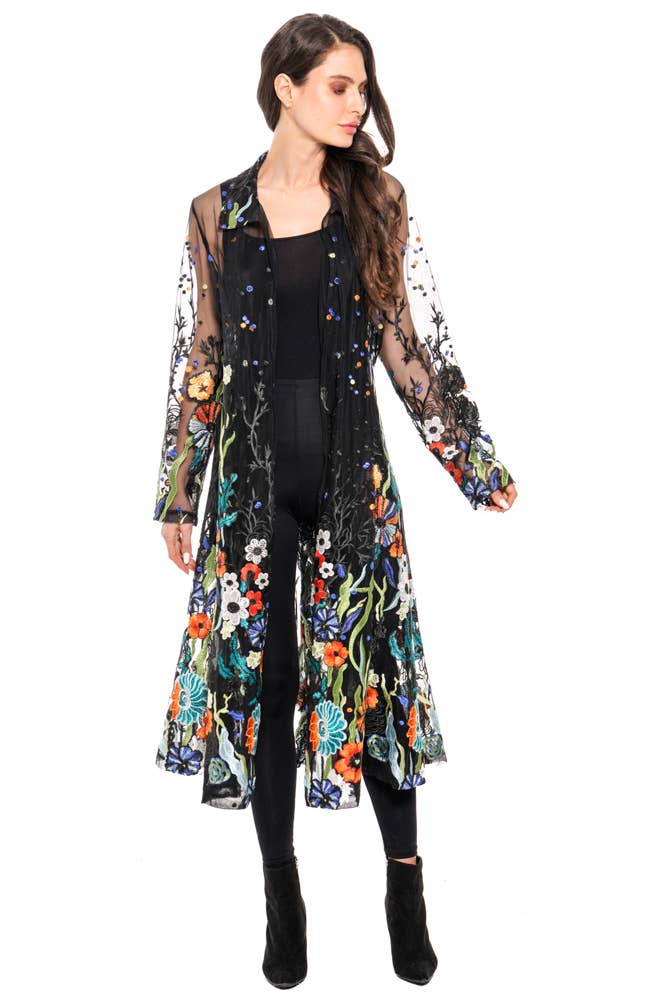 Adore - Wholesale Kimono - Women's - T417BK - Long Black Embroidered Sheer Duster2