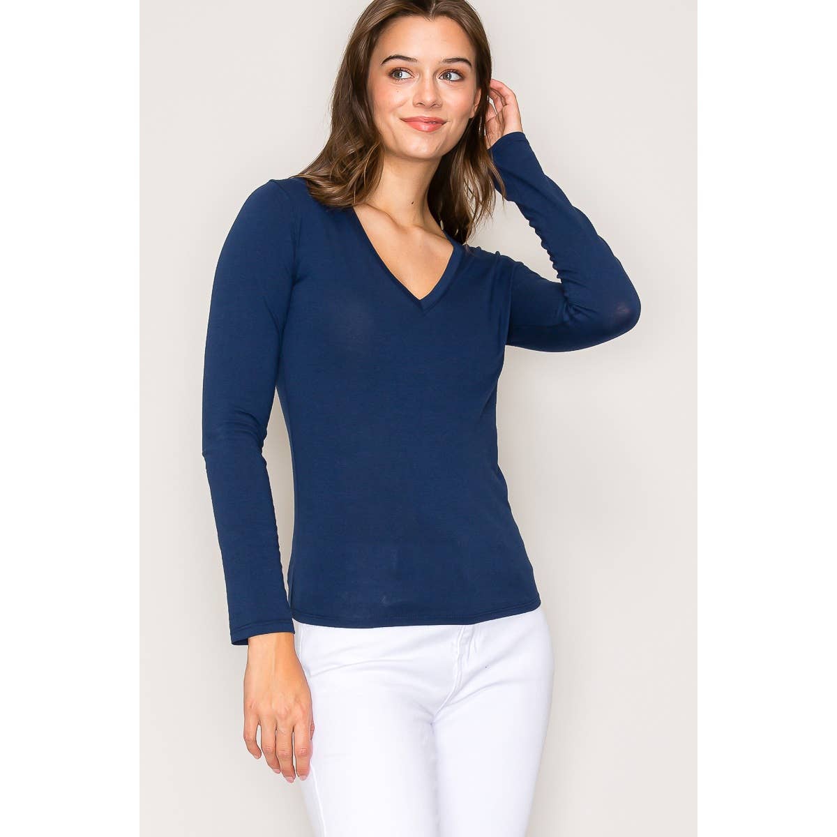 Popular 21 – wholesale Knit top – Women's – V Neck Long Sleeve Cotton Long Sleeve Knit Tee0
