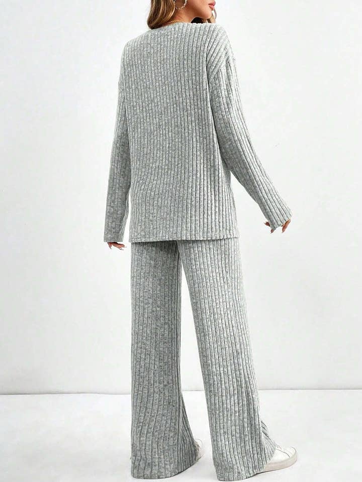 Lily Clothing - Wholesale Top & Pant Set (NOT Loungewear) - Women's - Casual straight-leg pants V-neck striped suit5