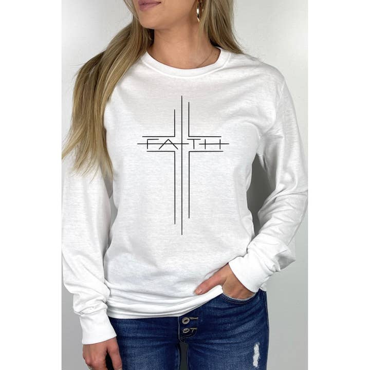 T-shirt a maniche lunghe Faith Cross Easter Christian Uplifting per la vendita all'ingrosso da parte di Select Apparel