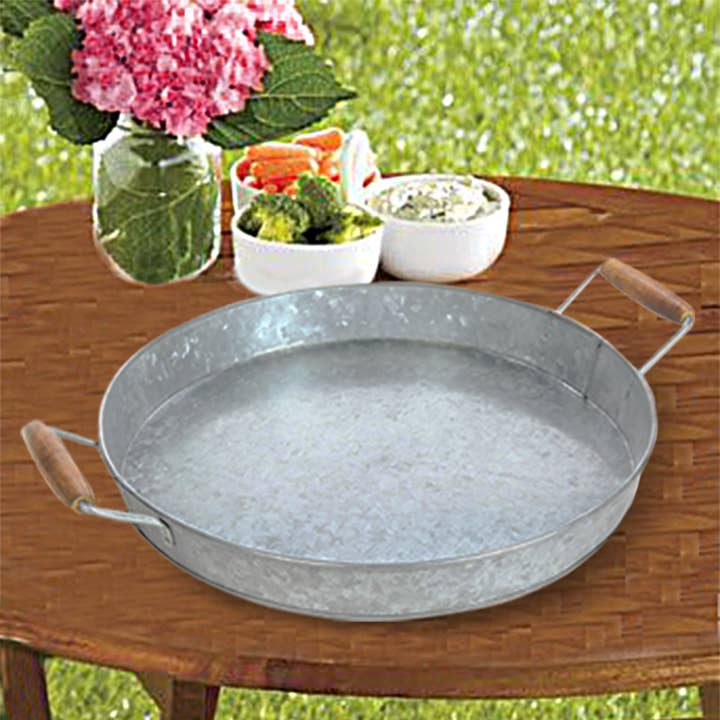 DAHO - Wholesale Decorative Tray - 12.6'' Galvanized Round Tray with Wooden Handle4