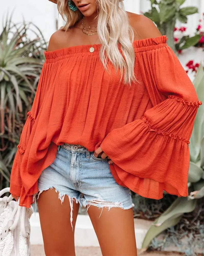 Fashion Combination - Wholesale Blouse - Women's - frill hem off shoulder bell sleeve top17