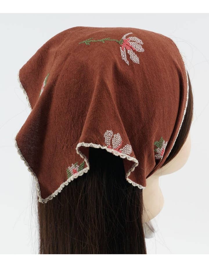Scarvii - Brown Floral Lace Trim Headscarf for wholesale by Funkyrel® Atzbranding Limited