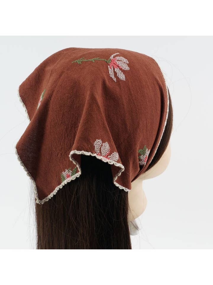 Scarvii - Brown Floral Lace Trim Headscarf for wholesale by Funkyrel® Atzbranding Limited