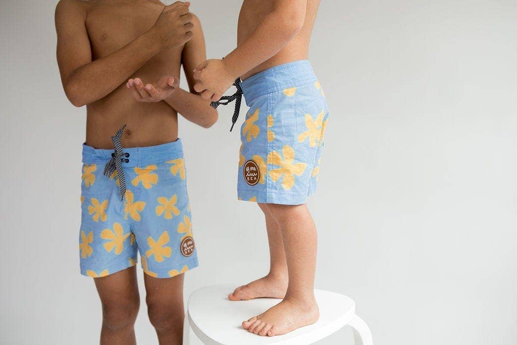 Kid’s Townshort Boardshorts in Light Blue Plumeria for wholesale on Faire2