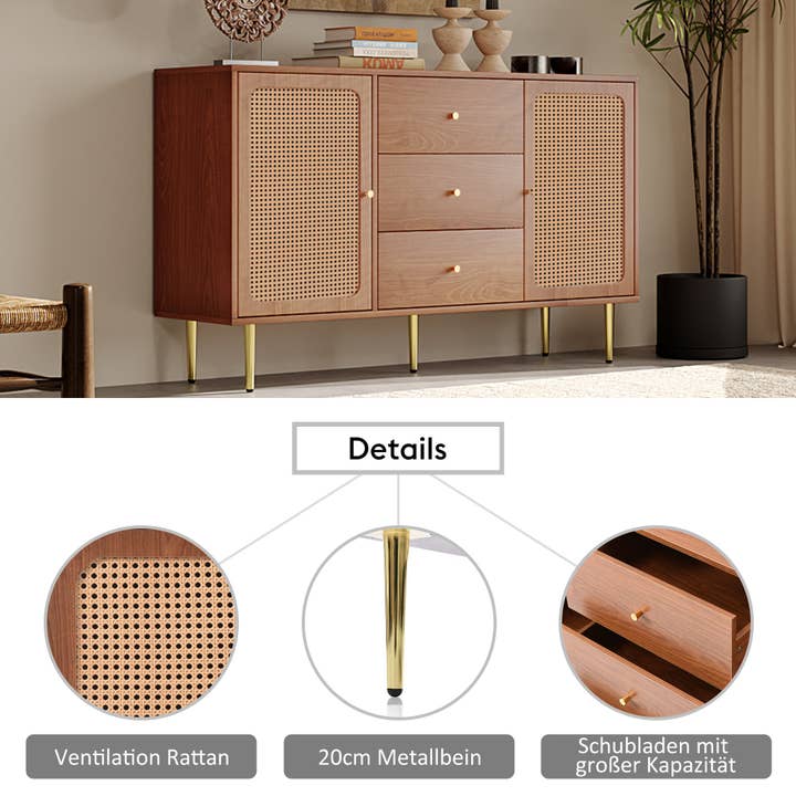 Urban Meuble - Wholesale Cabinet - Walnut wood effect sideboard with 2 doors and 3 rattan drawers, golden legs and handles 150*90*40cm URNO21