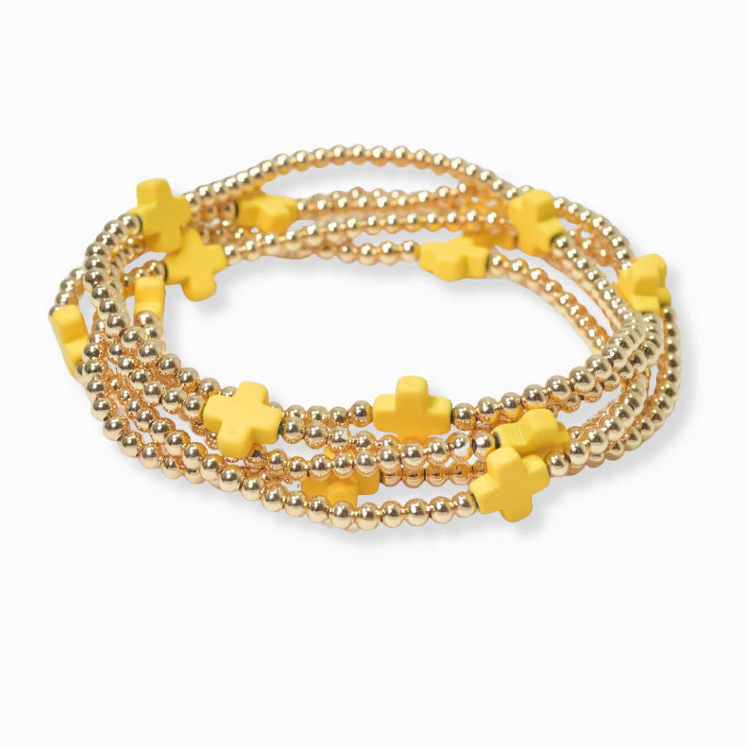 SOPHIA WHOLESALE - Wholesale Beaded Bracelet - Multi layered gold bead stretch bracelet with cross accent n14