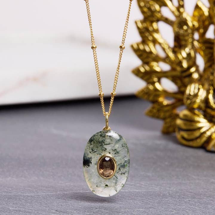 Moss Agate and Smoky Quartz Oval Gemstone Pendant Necklace for wholesale by Soul & Little Rose