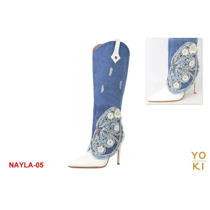 Women's Knee high Boots With Flowers Pearls and Rhinestones for wholesale by Yoki Fashion