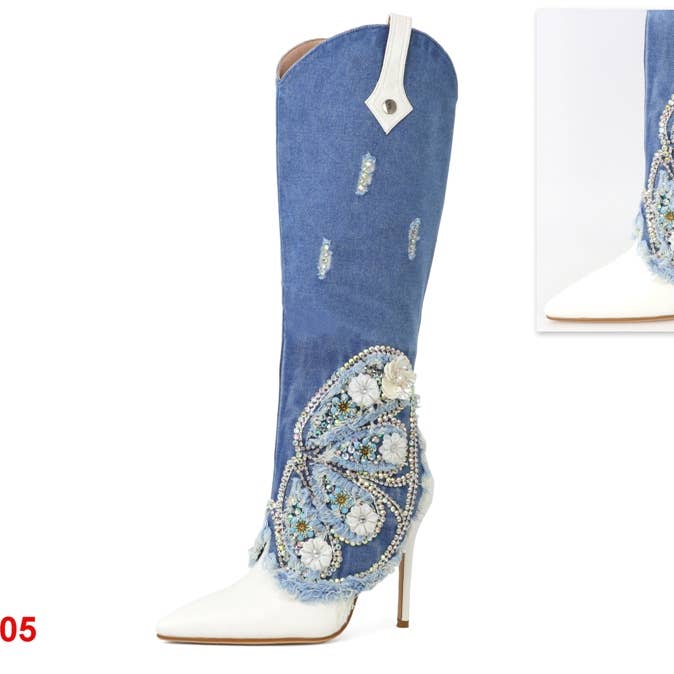 Yoki High Heel Bohemia Denim Western Cowboy Knee High Boots for wholesale on Faire