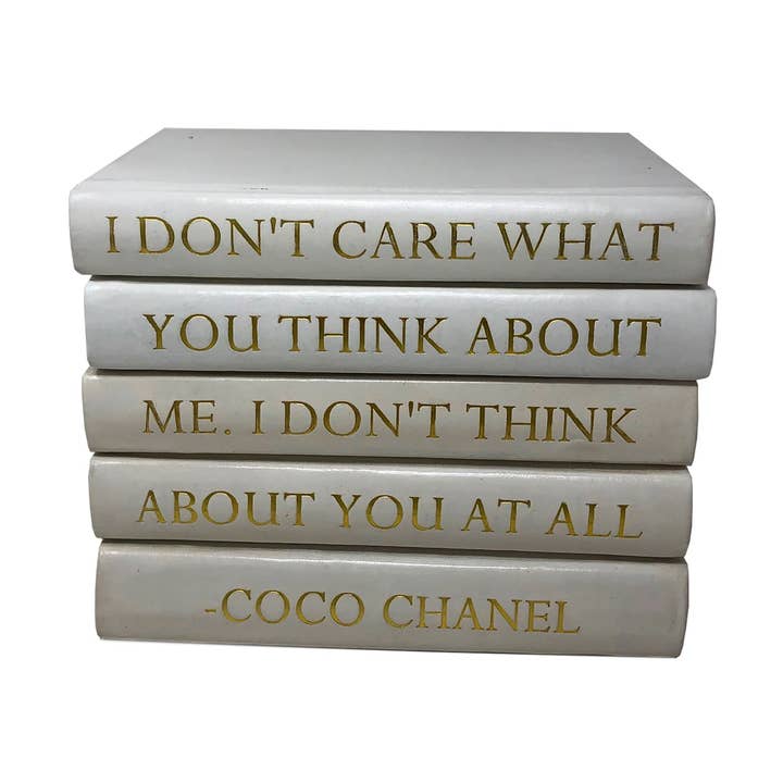 White Leather Bound Books Stack with Coco Chanel Quote #2 for wholesale by Vellum Home