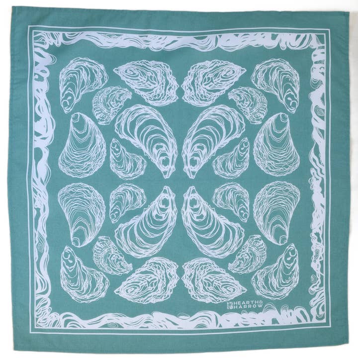 Hearth and Harrow - Wholesale Bandana - Unisex - Oyster Bandana - 100% Cotton - Hand Printed - Green Teal