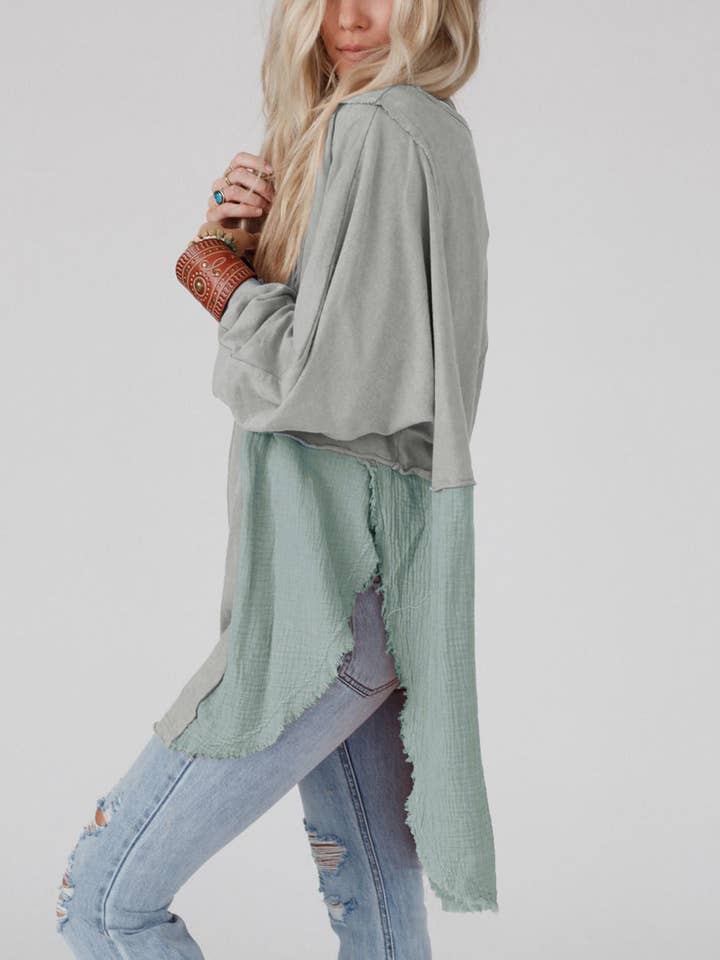 FULL TIME PURCHASE - Wholesale Tunic - Women's - Crinkle Splicing Raw Hem High Low Oversized Blouse