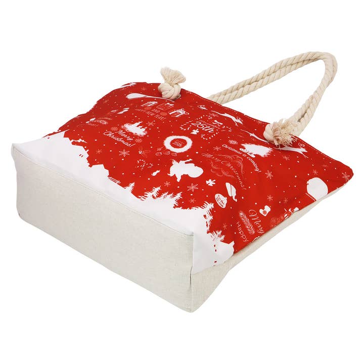 RED WHITE Christmas Winter Village Zipper Canvas Tote Bag for wholesale on Faire2