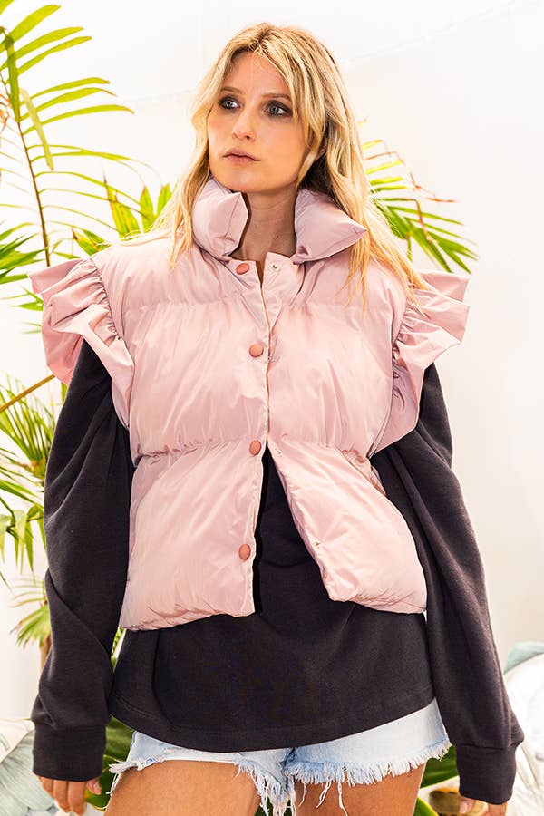 BUCKETLIST INC – wholesale Outerwear Vest - Women’s – IT1813-1 Ruffle Sleeve Crop Down Vest15