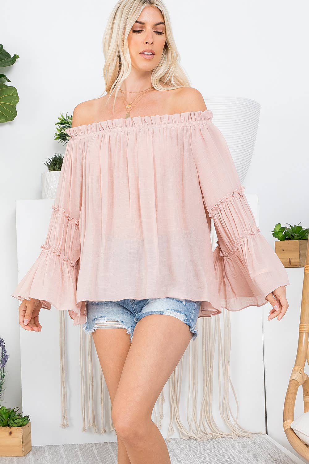 Sweet Lovely by Jen - Wholesale Blouse – Women’s - OFF SHOULDER TIERED BELL SLEEVE TOP54