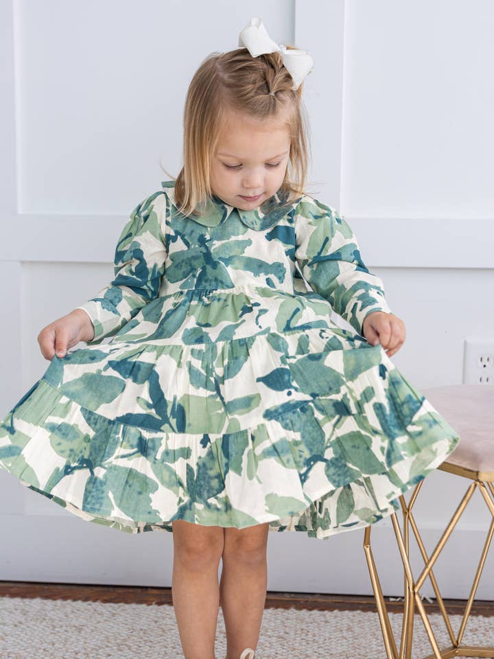 Yo Baby - Wholesale Dress - Kids - Sage-Green Leaf Printed Peter Pan Collar Tiered Long Sleeve Dress5