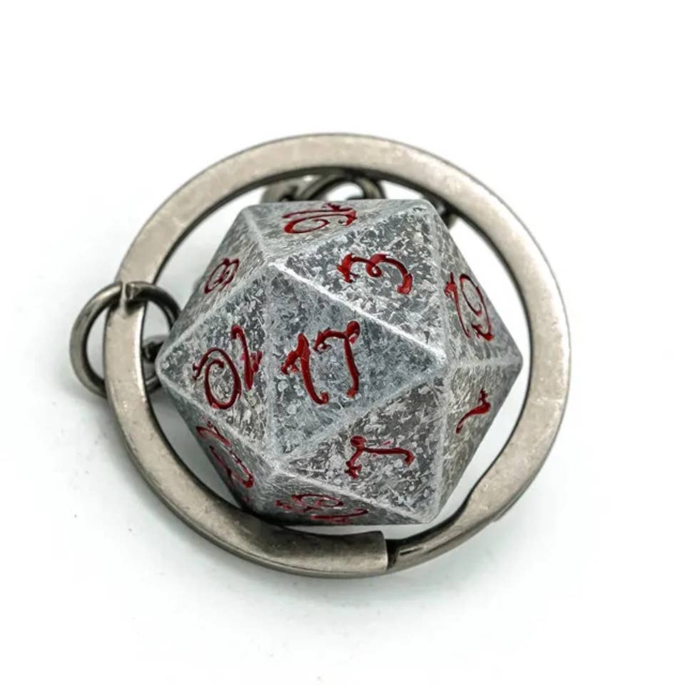 Tabletop Dominion Limited - Wholesale Keychain – Unisex - Keyring: Stone Effect Metal D20 Dice with Bloody Font D&D