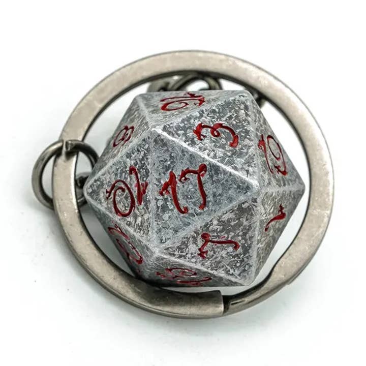 Tabletop Dominion Limited - Wholesale Keychain – Unisex - Keyring: Stone Effect Metal D20 Dice with Bloody Font D&D0