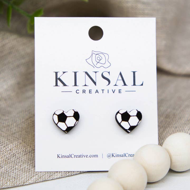 Soccer Ball Heart Wood Stud Earrings, Stud Earrings, Wooden Stud Earrings, Post Earrings, Handmade Earrings, Soccer, Ladies Post Earrings for wholesale by Kinsal Creative
