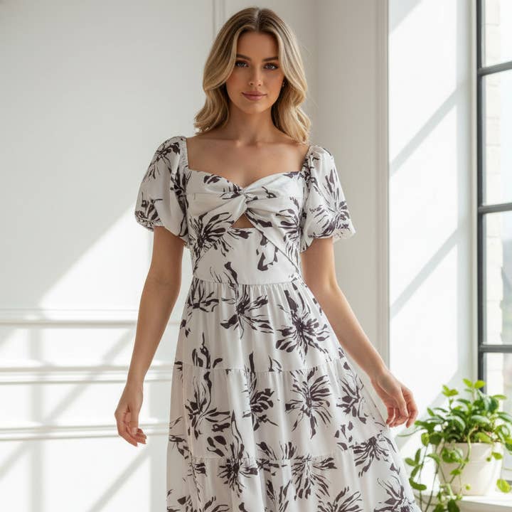 Robe midi évasée à manches bouffantes fleuries pour la vente par GEXWORLDWIDE