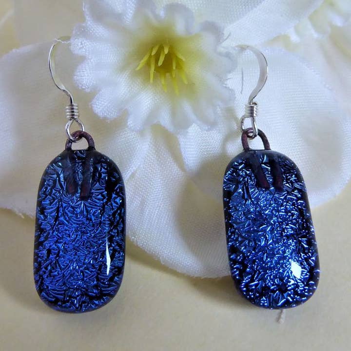 Fused glass drop earrings - deep blue prismatic for wholesale by Eva Glass Design