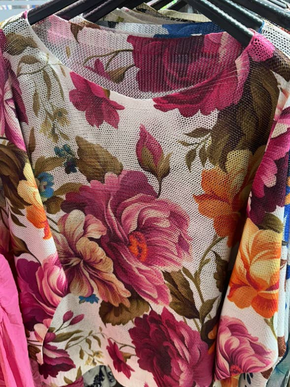 LOOWIE - Wholesale Knit Sweater - Women's - CFLOF Fuchsia Floral Round Neck Knit Printed Sweater