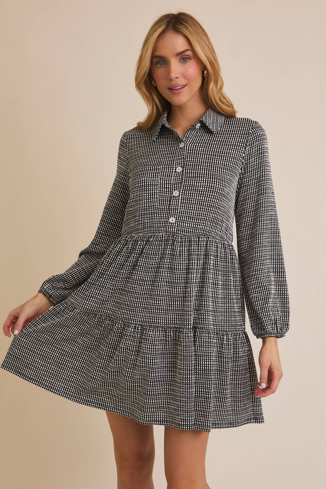 COLLAR LONG SLEEVE BUTTON UP GINGHAM MINI DRESS for wholesale on Faire