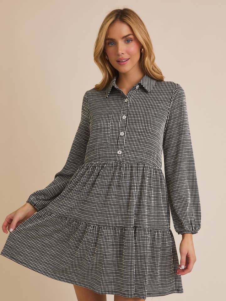 COLLAR LONG SLEEVE BUTTON UP GINGHAM MINI DRESS for wholesale on Faire0