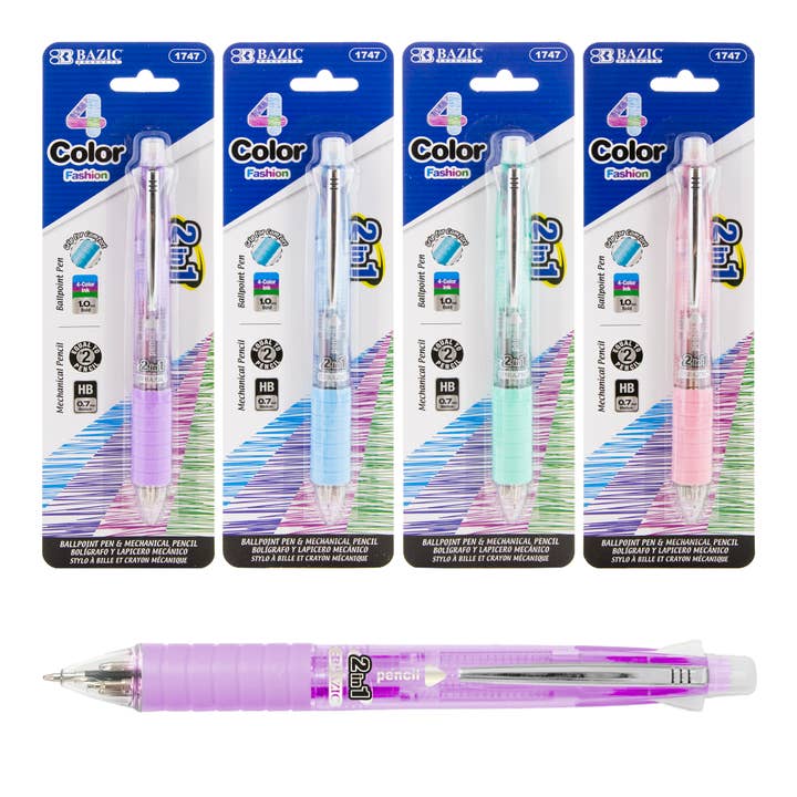 2-In-1 Mechanical Pencil & 4-Fashion Color Pen w/ Grip for wholesale by BAZIC Products