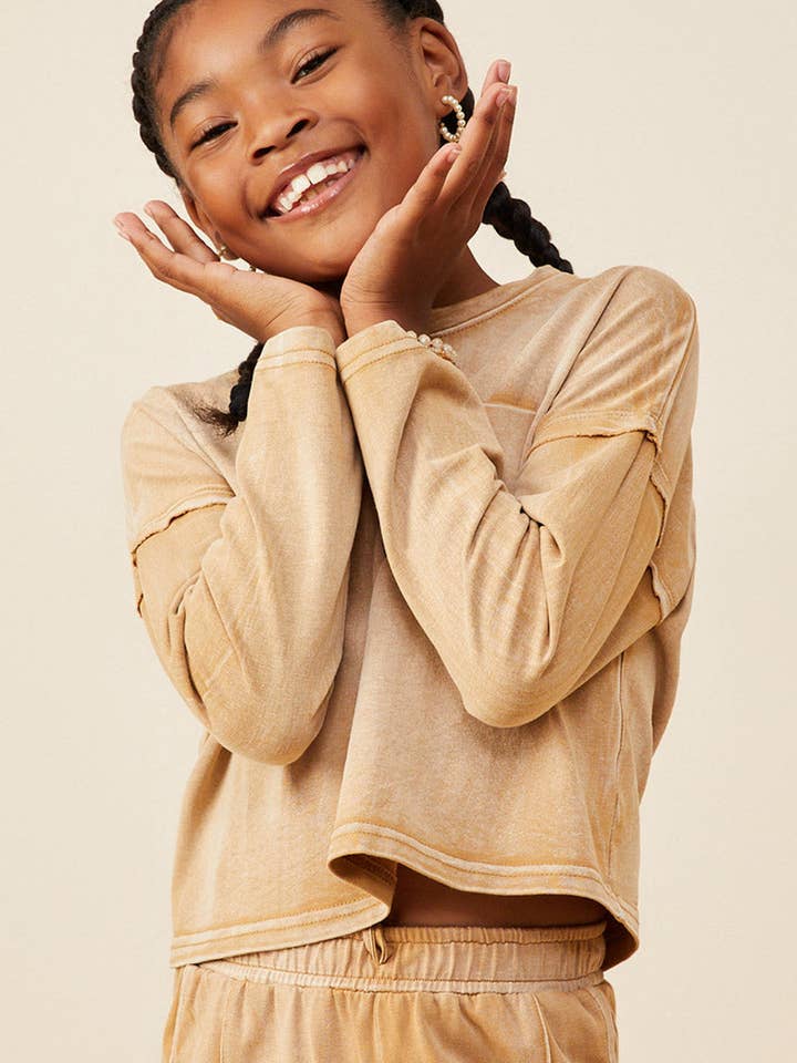 Hayden LA - Wholesale T-Shirt - Kids - Girls Washed Chest Pocket Long Sleeve Knit T Shirt5