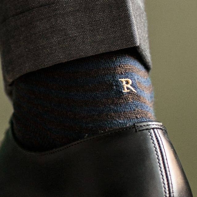 314 Row(0,4) Cotton BLUE MEL.-BROWN emb.Mustard-Knee. for wholesale by Individual Socks