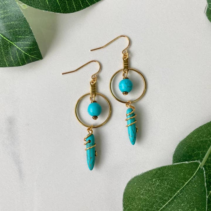 Turquoise Howlite Spike Hoop Earrings - Silver or Gold Plated for wholesale by Infinite Self Love